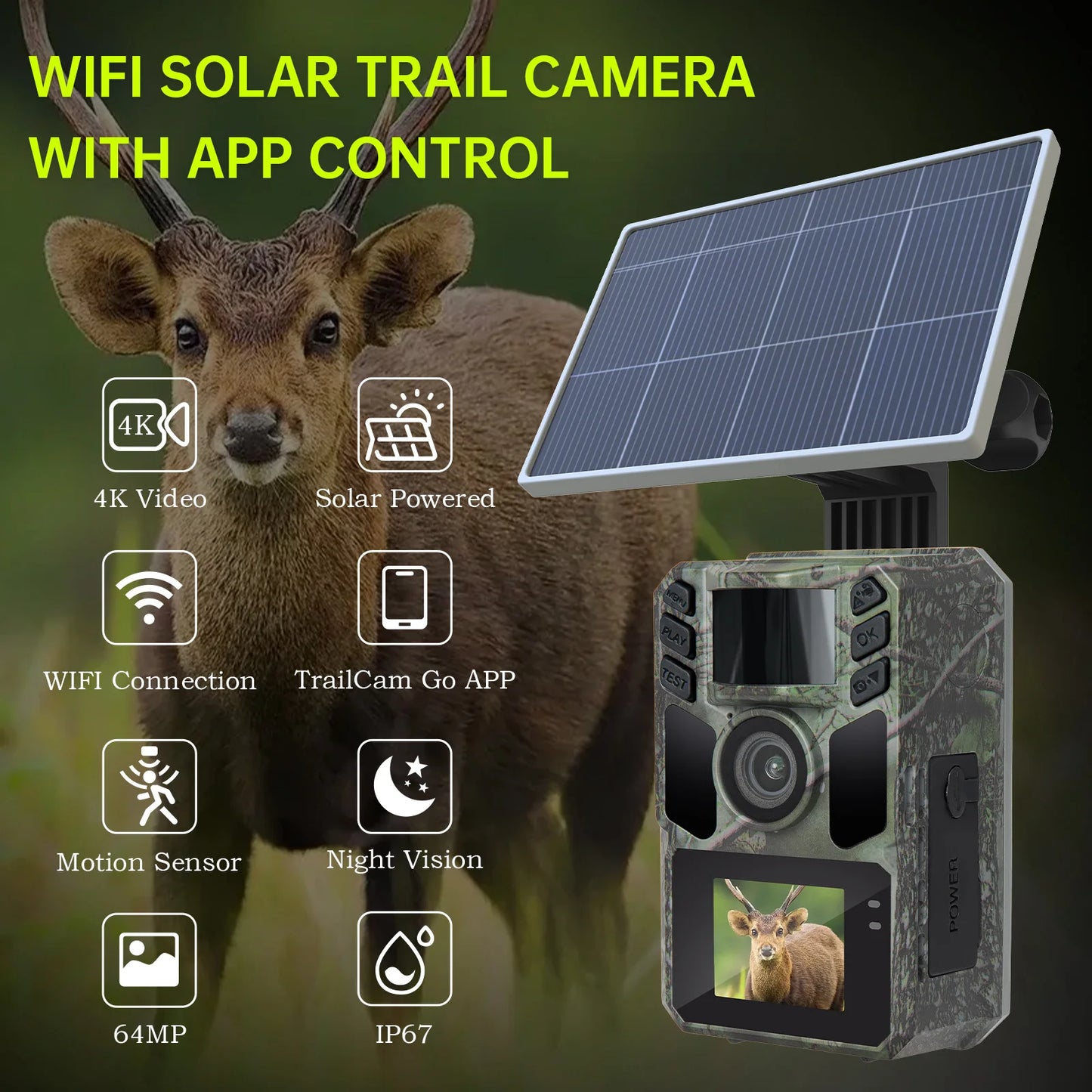 WiFi Trail Camera Solar Trail Cam - Rechargeable Trail Camera Built-in 5000mAh Battery 4K 64MP Hunting Camera with Night Vision