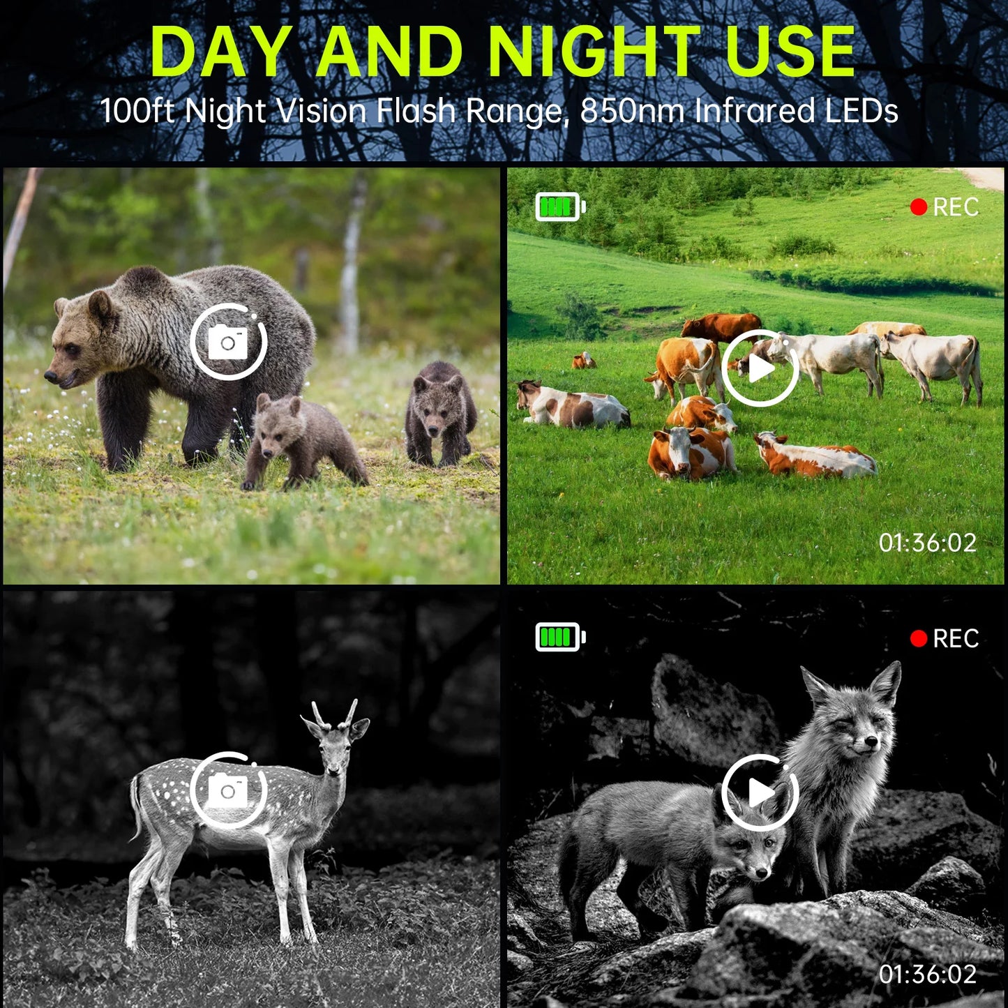 WiFi Trail Camera Solar Trail Cam - Rechargeable Trail Camera Built-in 5000mAh Battery 4K 64MP Hunting Camera with Night Vision