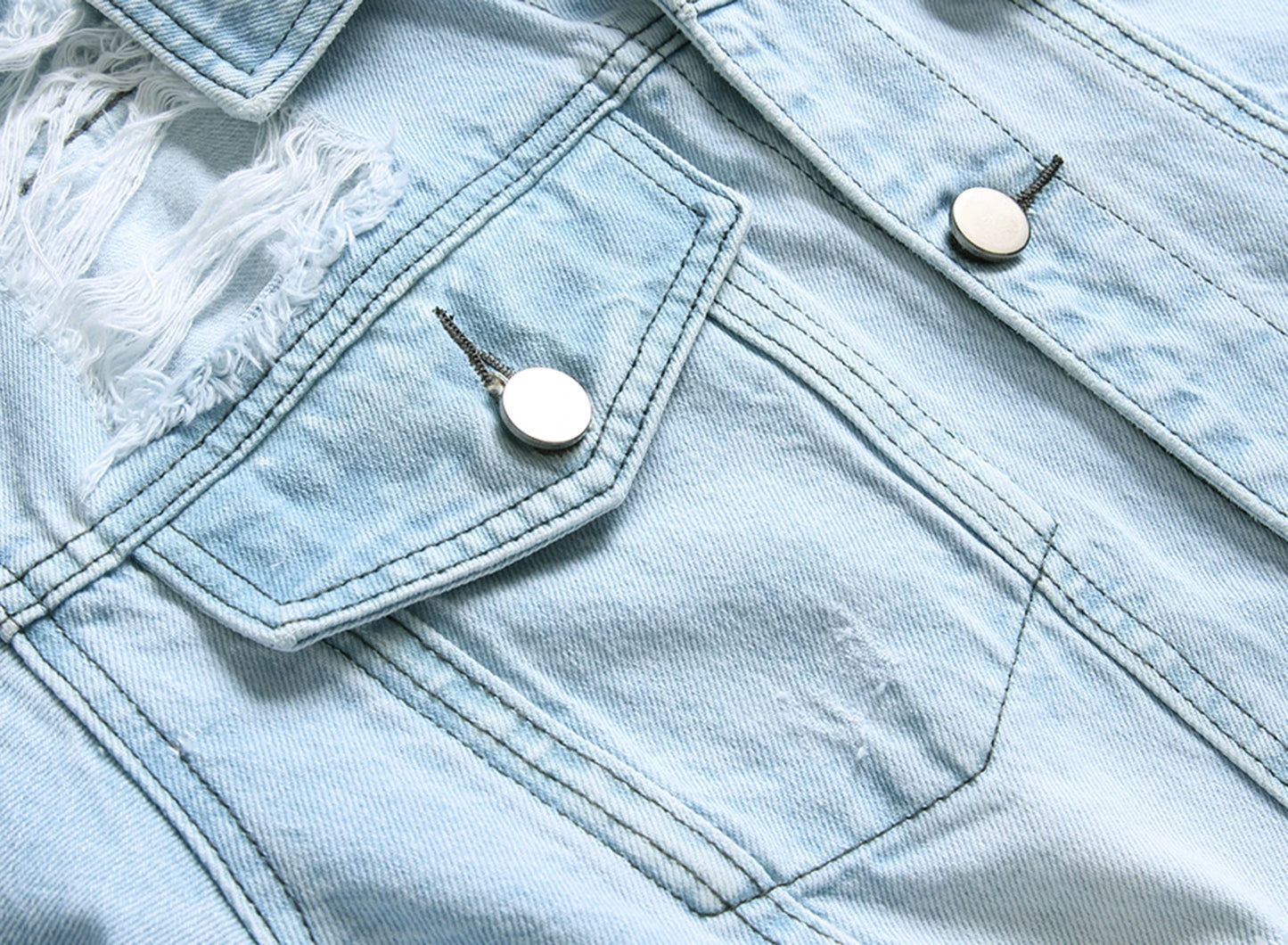 Men's Light Blue Ripped Denim Jacket, Classic Fashion Slim Fit Jacket