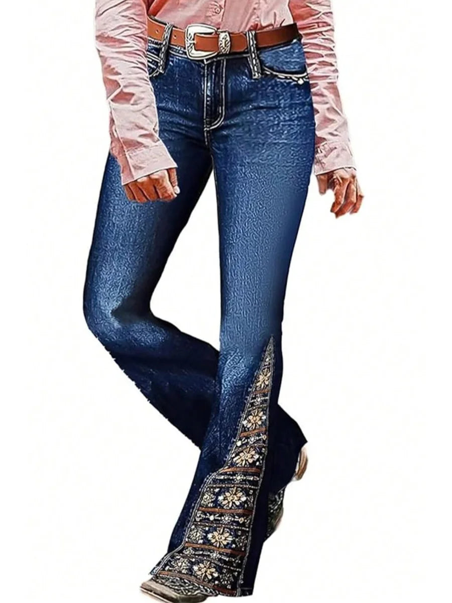 Women's Printed Paisley Bootcut Jeans, Elegant Printed Flora Pants