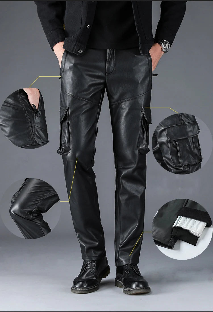 Men, Women's Multi Pockets Motorcycle Soft Waterproof Windproof Biker Faux Leather Cargo Pants