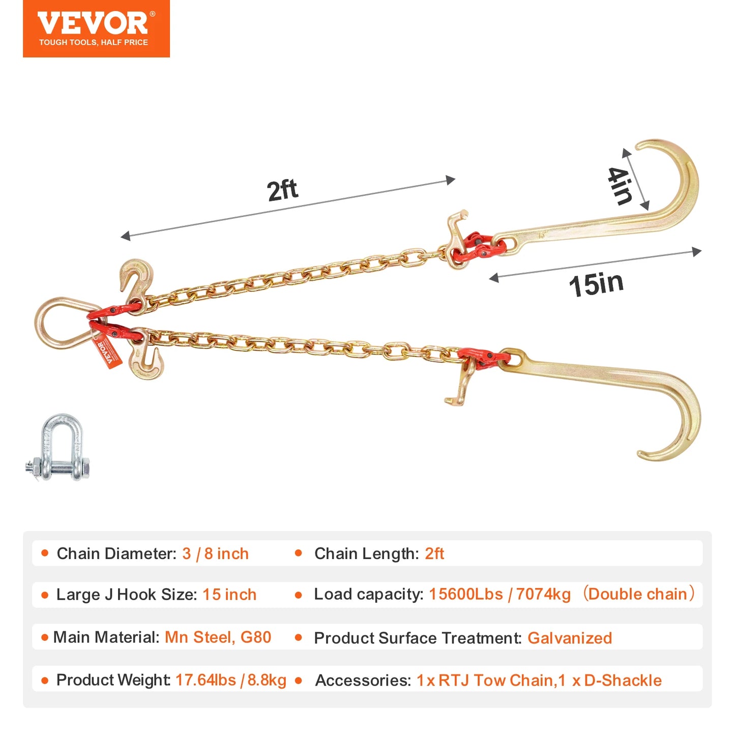 Towing Bridle Chain Towing with 15" J & Grab Hooks Transport Tow Chain Bridle for Flatbed Truck Wrecker Recovery