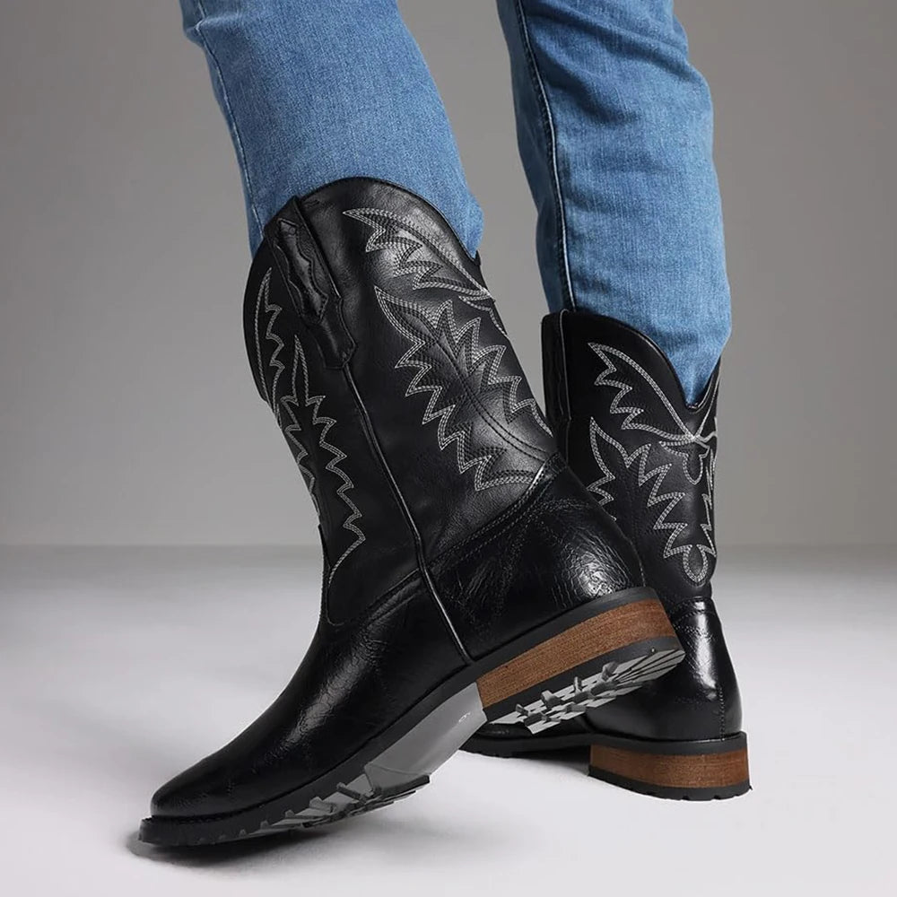 DoraTasia Plus Size12.5Fashion Retro Round Toe Chunky Heel Neutral Western Boots New Solid Color Embroidery