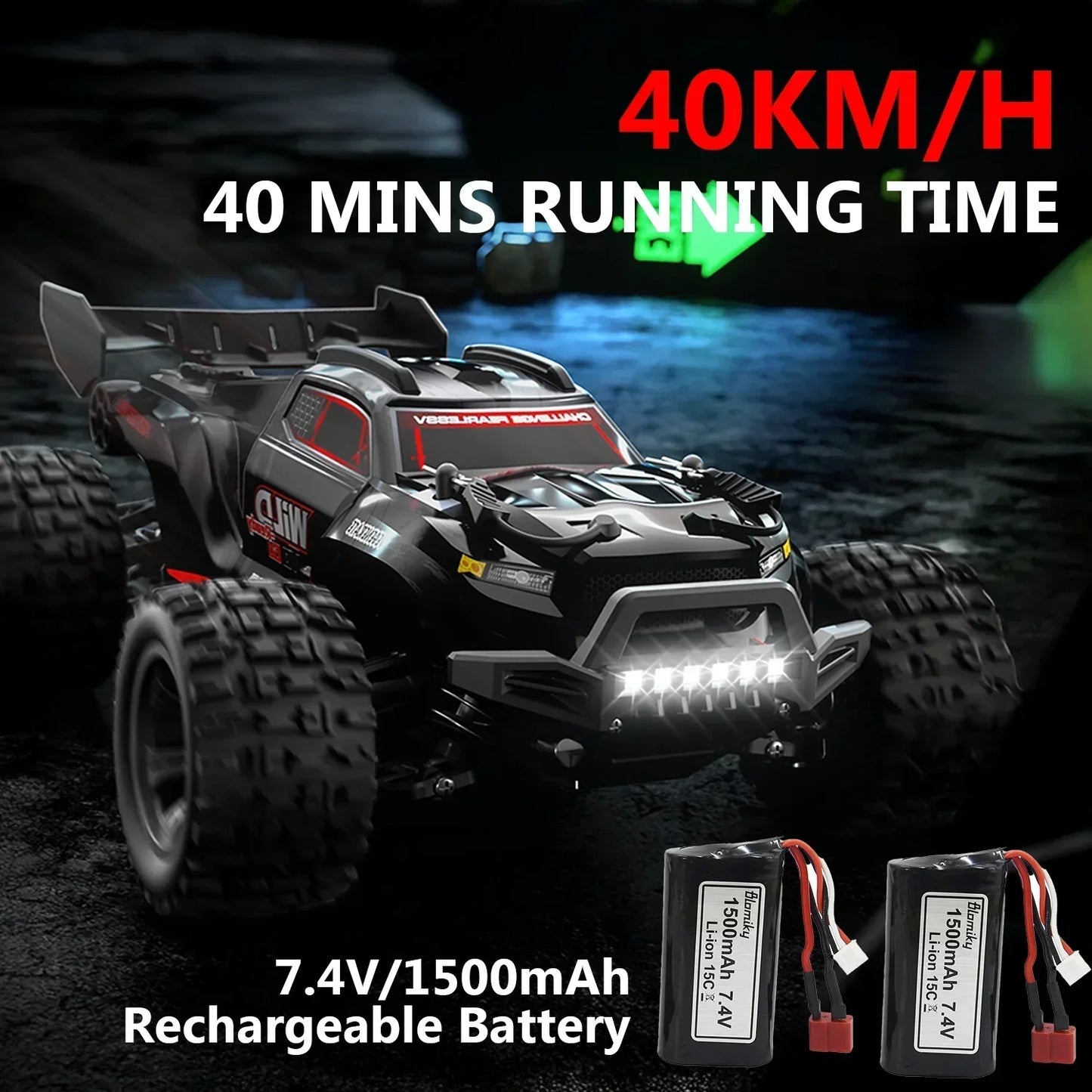 1/16RC Offroad Truck-Durable Beginner RC Car, High Speed 40 Km/h, Monster Truck with 2 Rechargeable 7.4V 1500 mAh Batteries