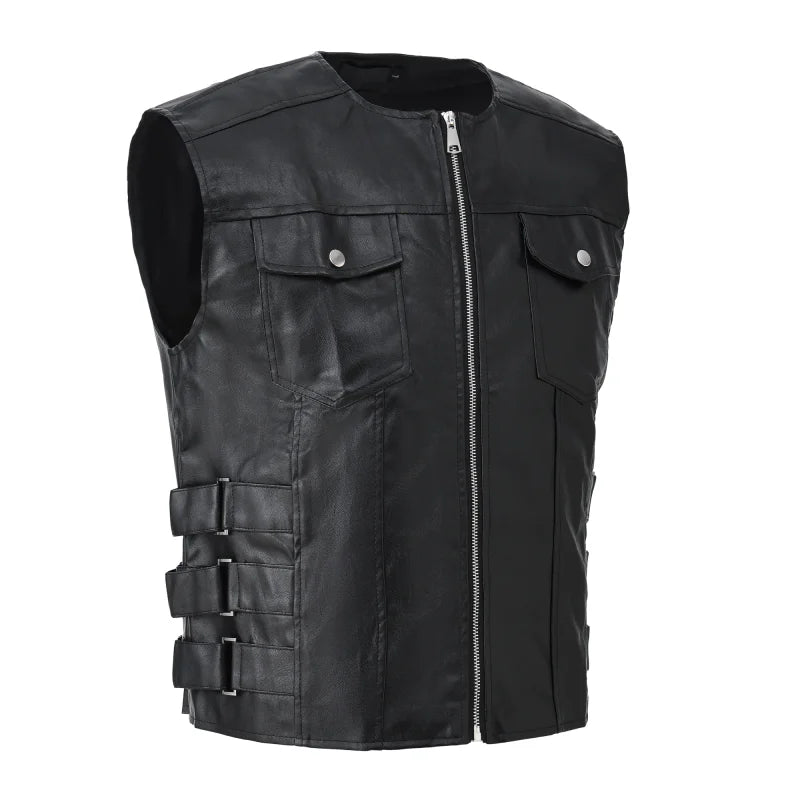 Men's Fashion Leather Biker Vest Sleeveless Jacket
