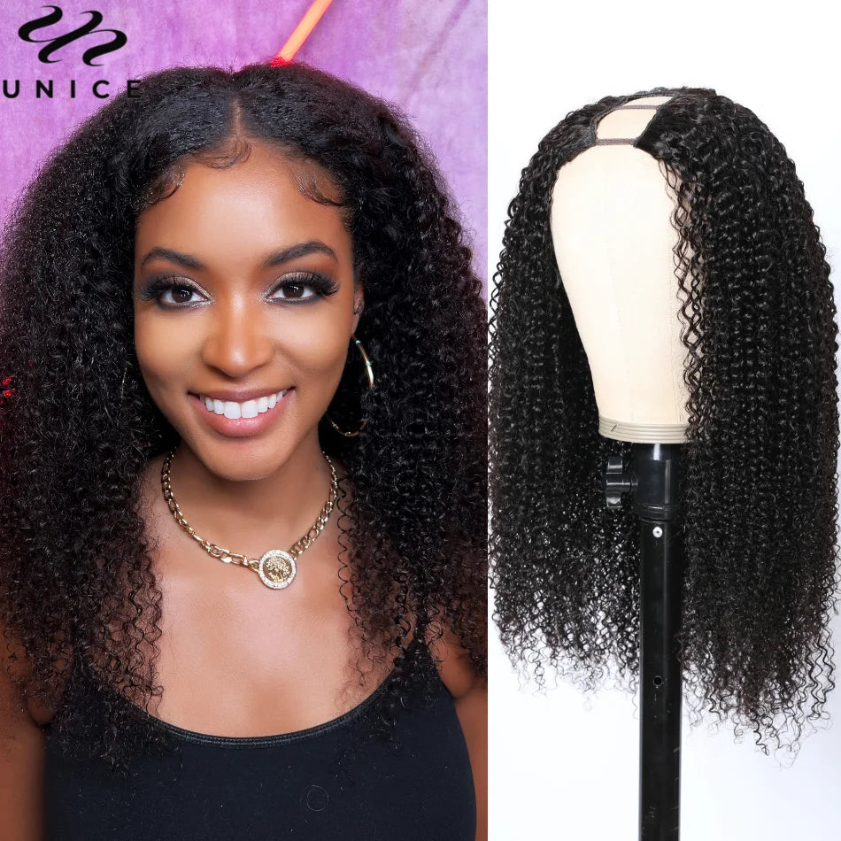 Kinky Curly V Part Wig With Drawstring Fit For All Head Sizes, No Glue Clip-In