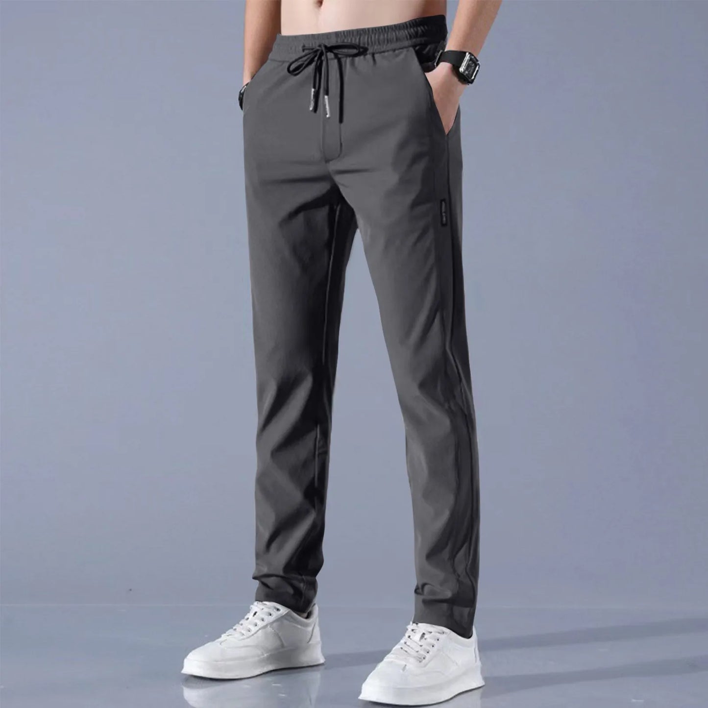 Men Fast Dry Stretch Pants Solid Color Mid-Waist Loose Breathable Straight-Leg Casual Pants