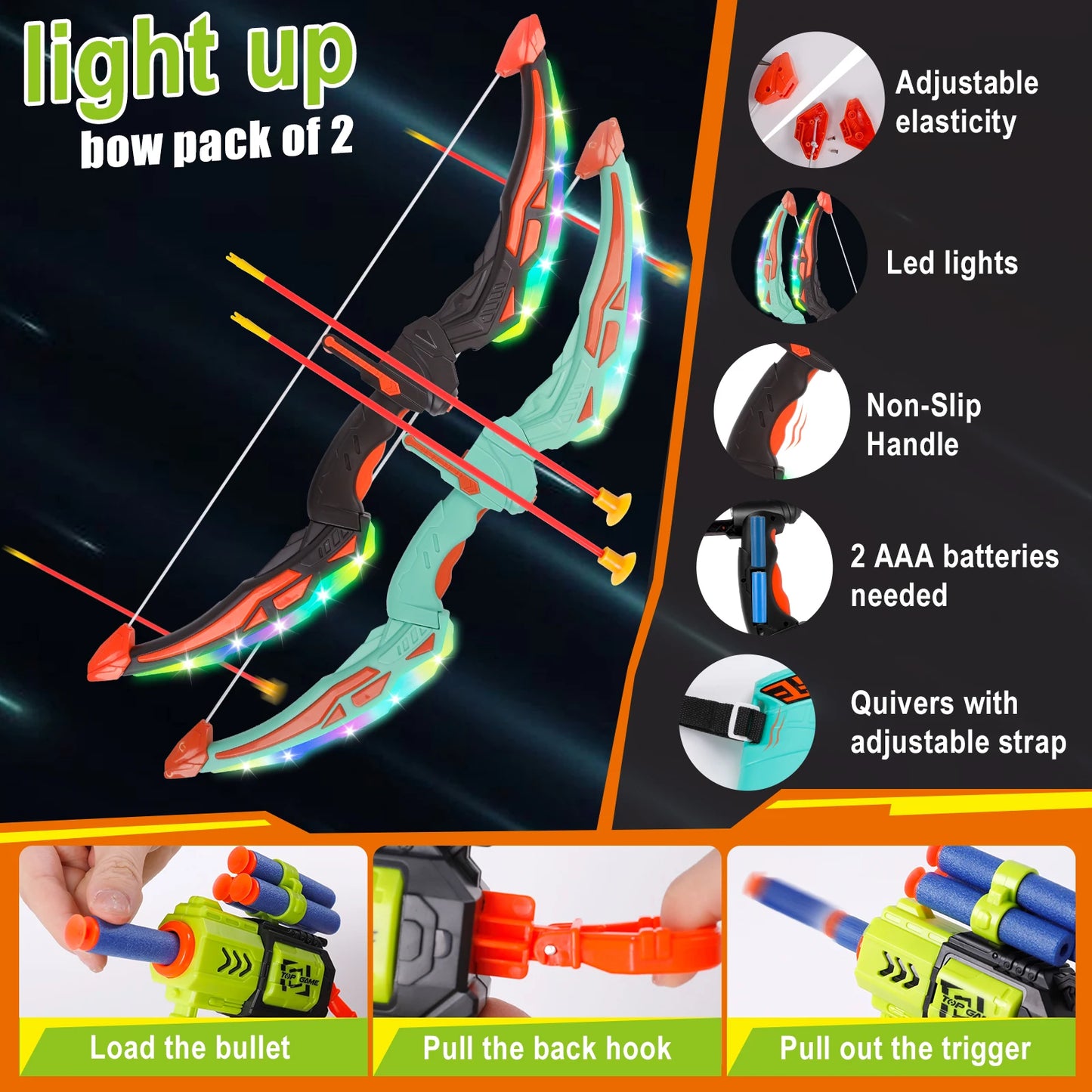 2 Bow and Arrow Sets with LED Light-up, 2 Foam Dart Guns for Kids 5 6 7 8 9 10+, Archery Set with Standing Target for Boys Girls