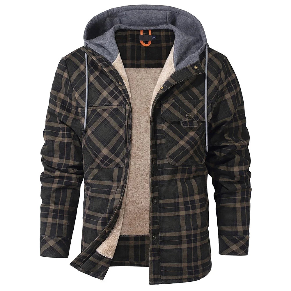 Men's Jackets Winter Hooded Warm Plaid Work Flannel Snap Sherpa Lined
