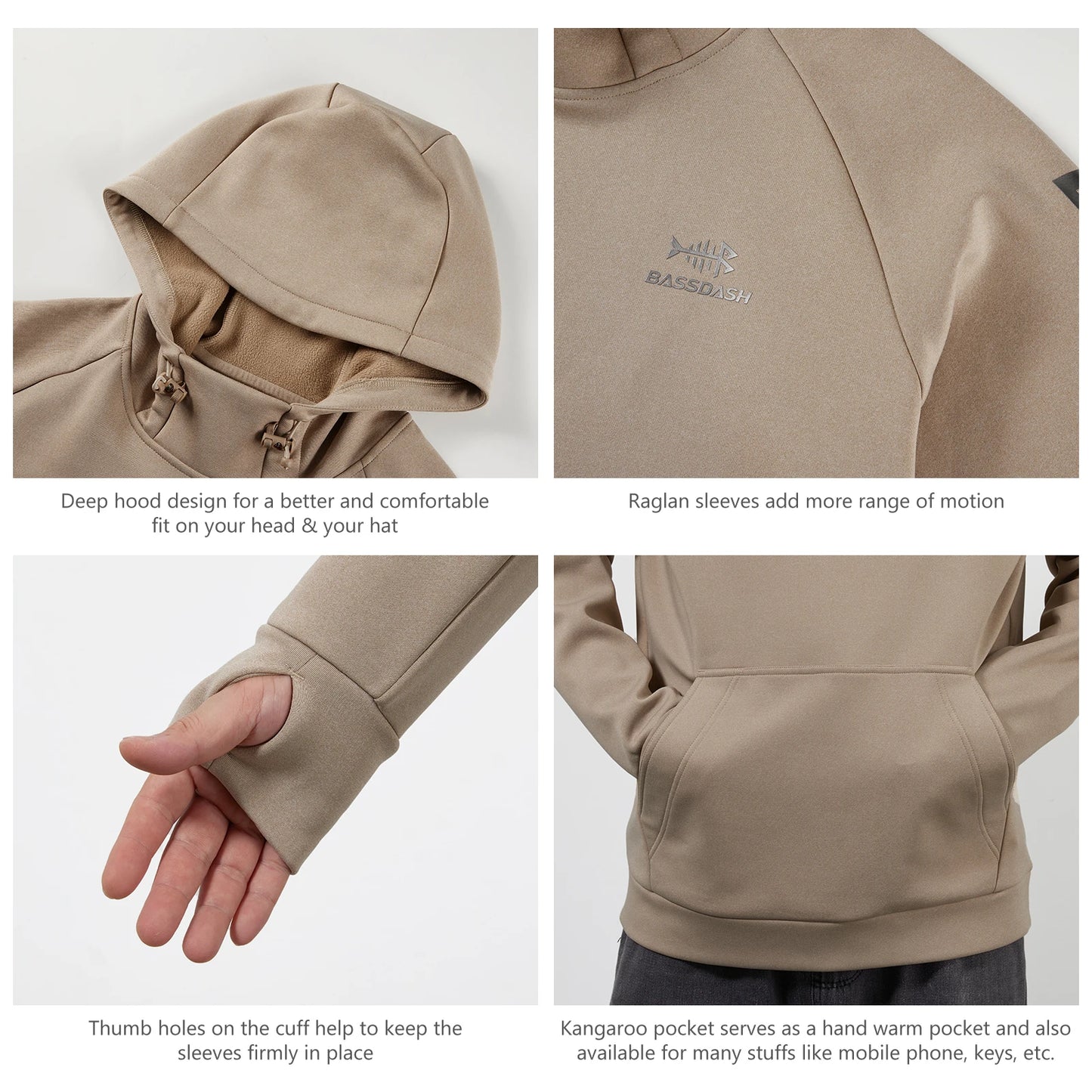 Men’s, Women's Fleece Lined Fishing Hoodies Water Resistant Performance Pullover Sweatshirt with thumb hole