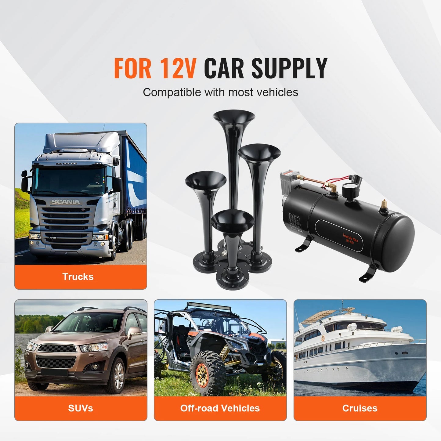 4 Trumpet Air Horn Kit, 150dB Train Horns for Pickup Trucks, RV, Boats. 12V 120 psi Air Compressor