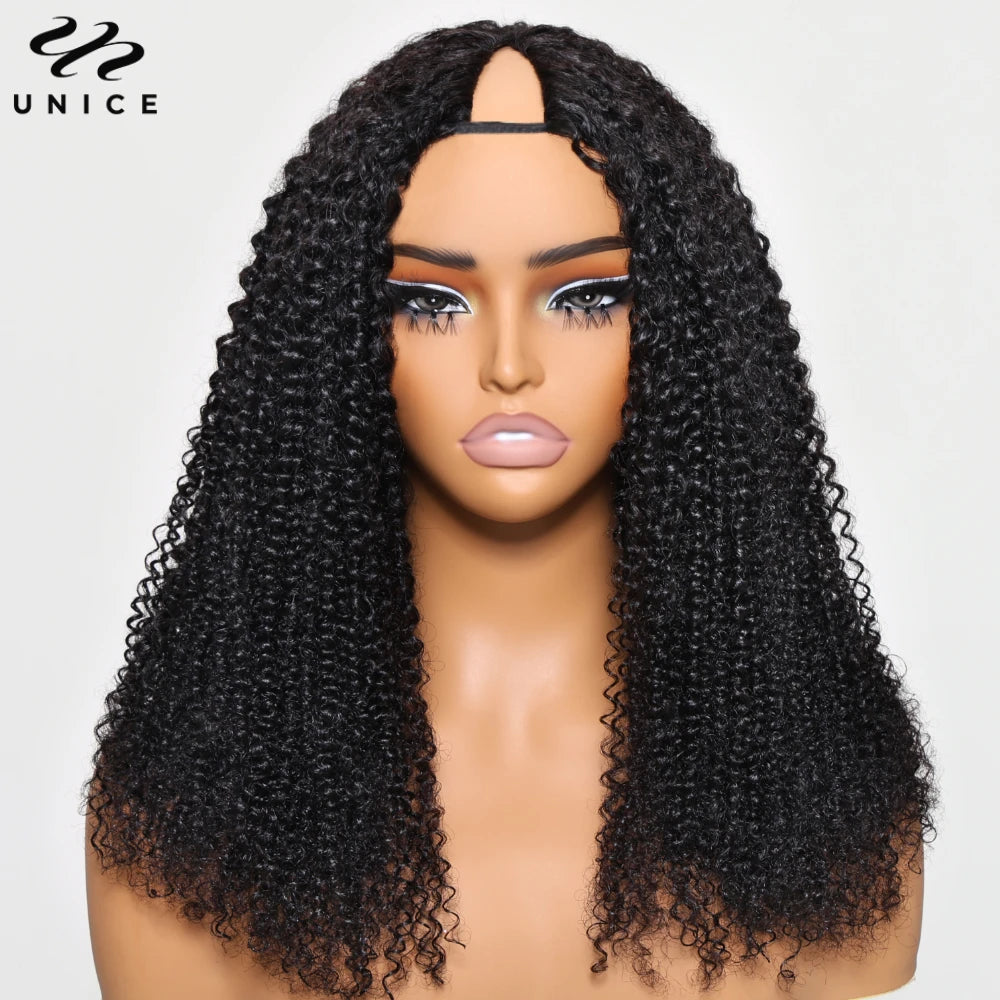 Kinky Curly V Part Wig With Drawstring Fit For All Head Sizes, No Glue Clip-In