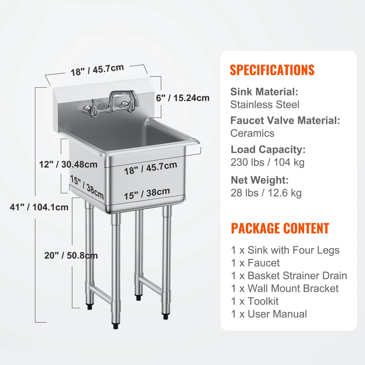 Stainless Steel Prep & Utility Sink, Free Standing Small Sink. Commercial Single Bowl Sinks for Garage Restaurant Kitchen