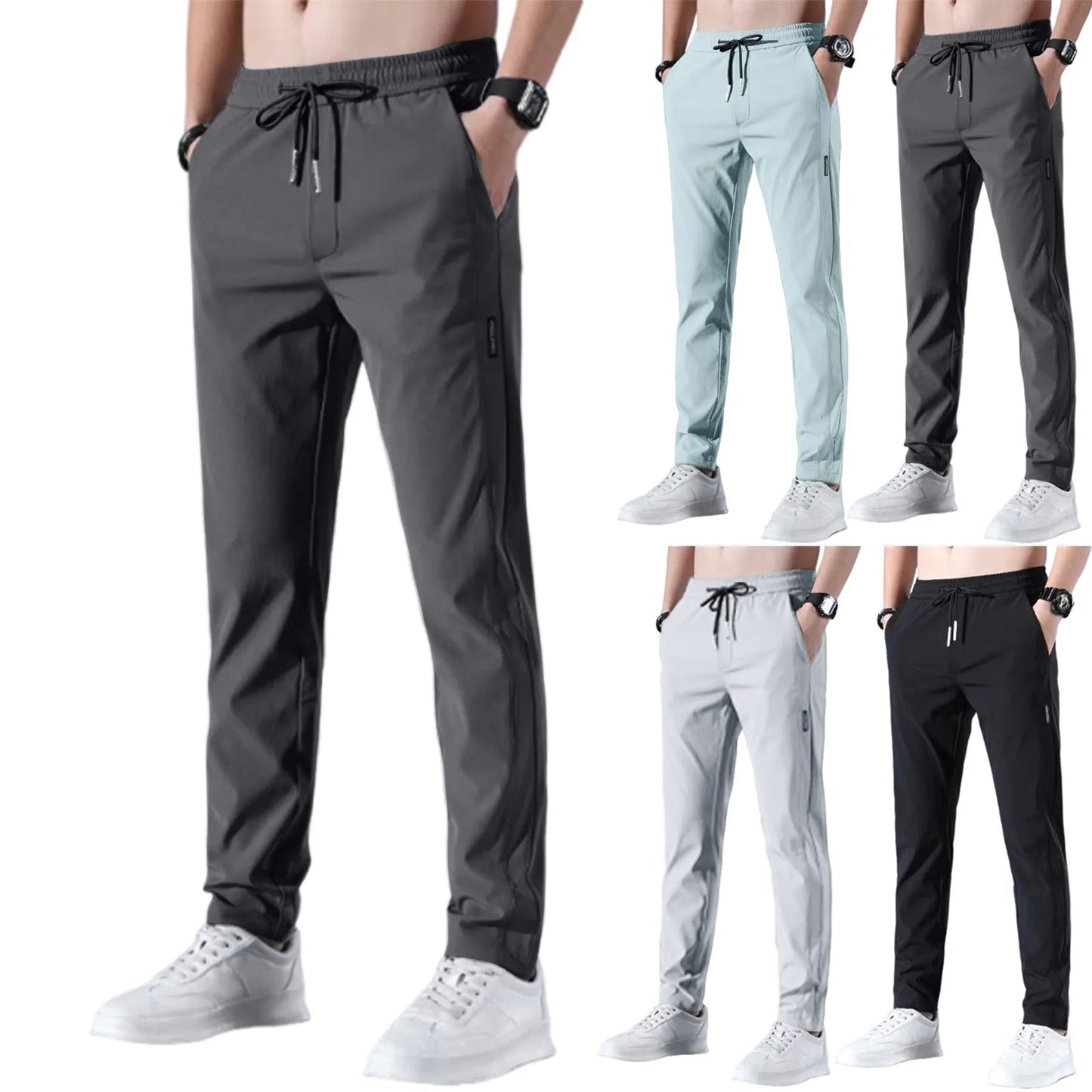 Men Fast Dry Stretch Pants Solid Color Mid-Waist Loose Breathable Straight-Leg Casual Pants