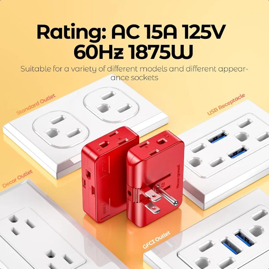 Red 3Prong Outlet Splitter Plug Extender Converts 2 to 3 or 3 to 2 Prong Wall Adapter Side Plugs for Wall Outlet Rotating