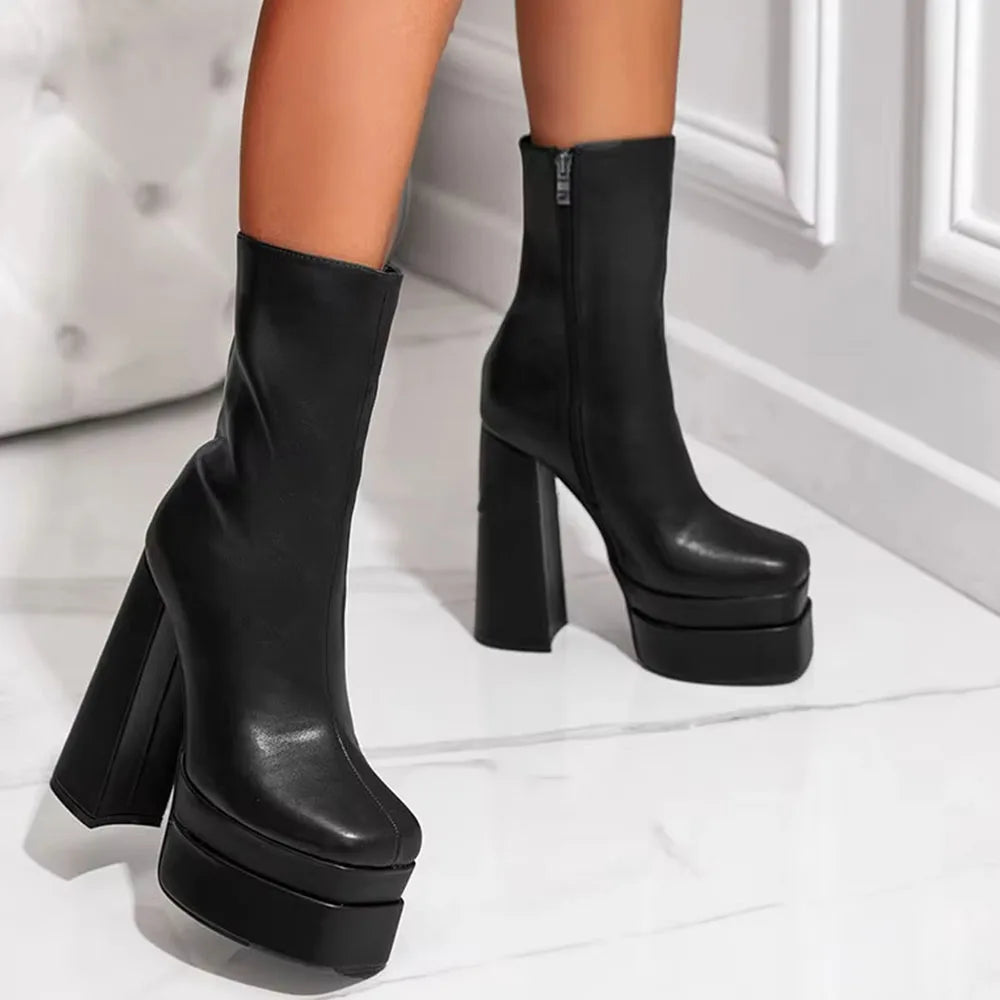 Platform Heel Women's Mid-calf Boots Side Zipper