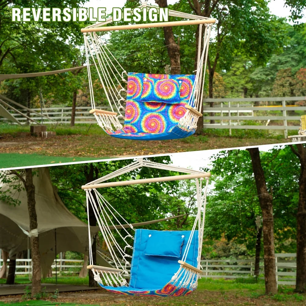 Hammock Chair with Pillow, Wooden Arms Durable Poly-Cotton Foldable Swing Indoor Outdoor Relaxation Support 275 lbs Capacity
