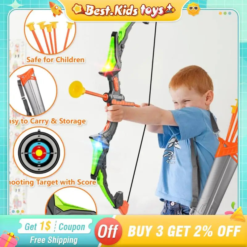 2PC Children Large Archery Toy Set, Soft Arrow Cross bow, Suction Cup Target LED Light