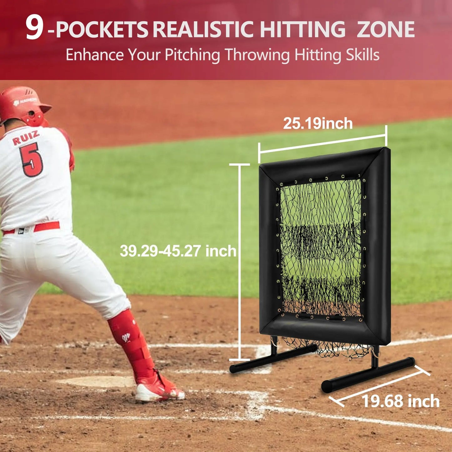 Adjustable Pitching Net,9 Holes Rebound Practice Net with Strike Zone, 5-Level Trainer w/Carry Bag & Ball for Softball, Baseball