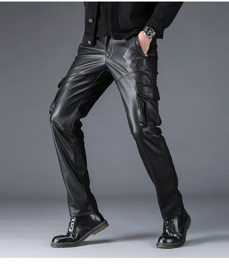 Men, Women's Multi Pockets Motorcycle Soft Waterproof Windproof Biker Faux Leather Cargo Pants