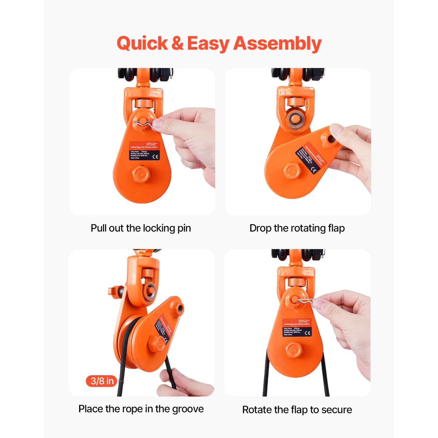 2T Snatch Block Pulley System with Chain & Swivel Shackle, 3" Sheave for 3/8" Rope. Towing, Recovery, Lifting