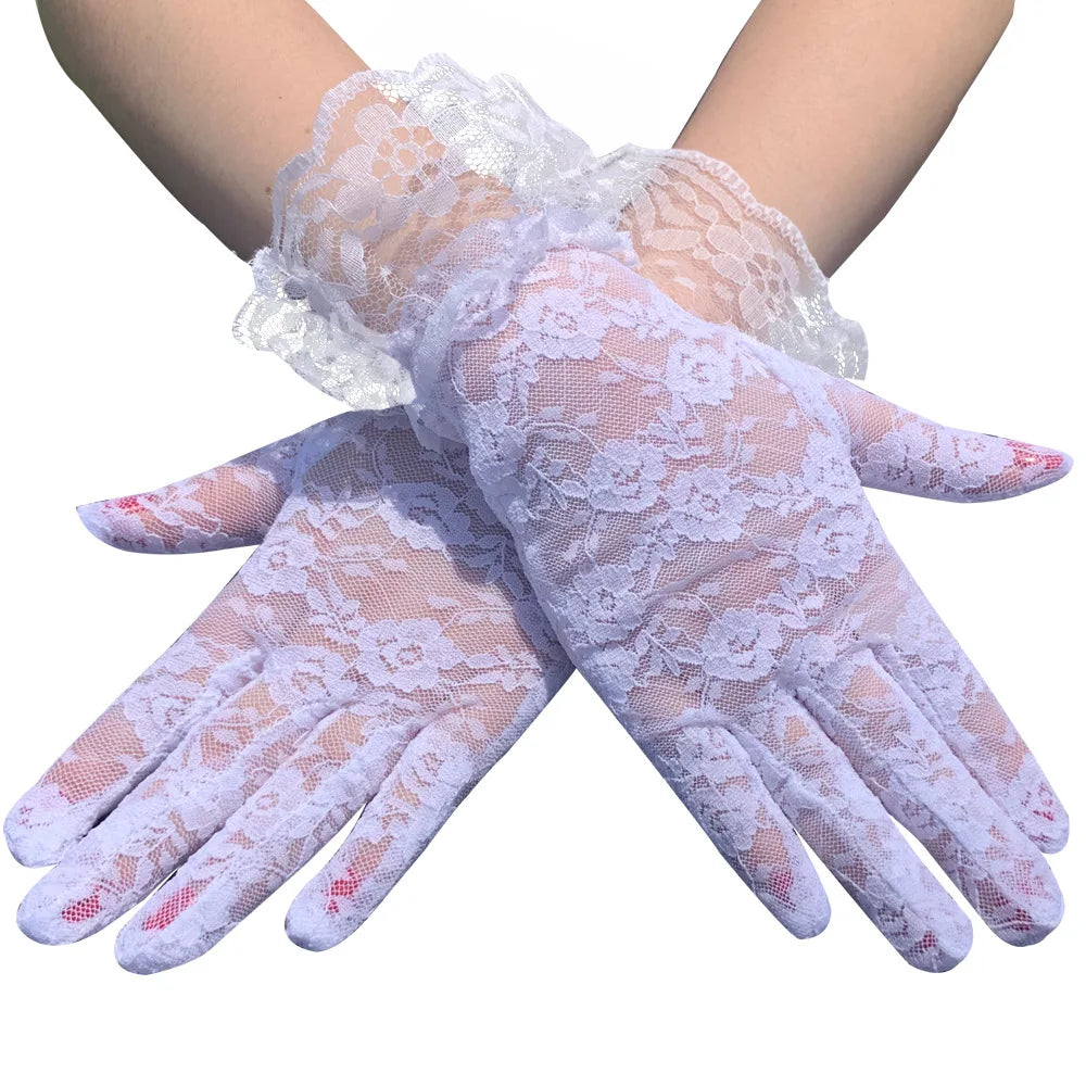 Women Sexy Lace Short Tulle Gloves, Elegant Lady Lotus Leaf Sheers, Bridal lace gloves