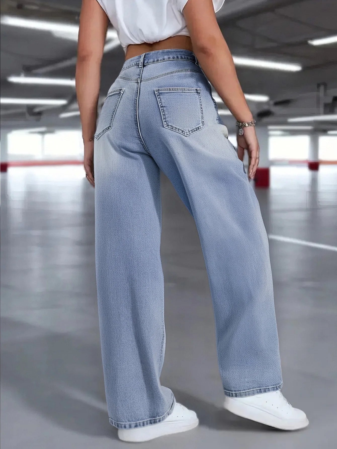Women's Light Blue Wide-Leg Jeans, Distressed Design