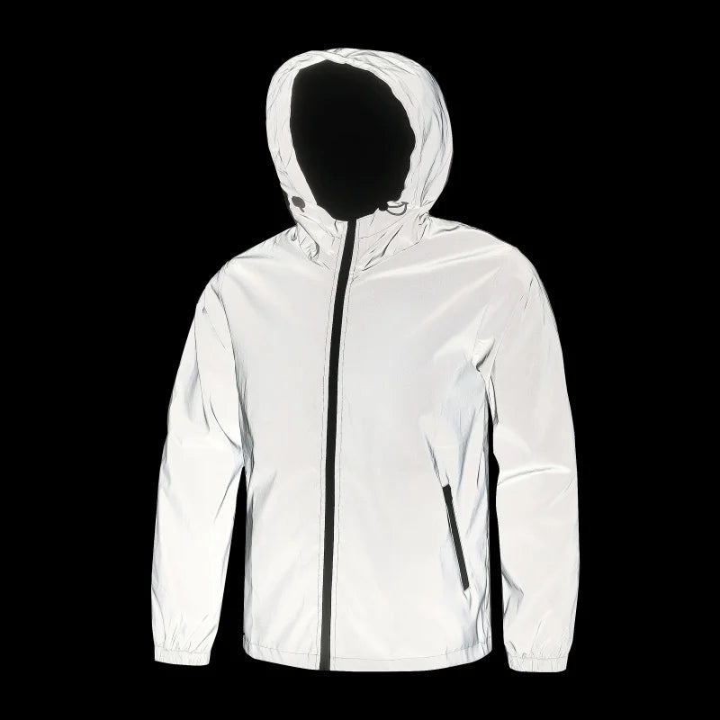 Mens Night Reflective Jacket Waterproof Zipper Windbreaker Hooded Jacket