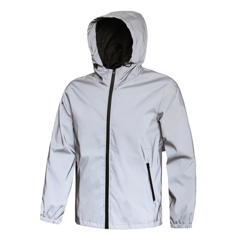 Mens Night Reflective Jacket Waterproof Zipper Windbreaker Hooded Jacket