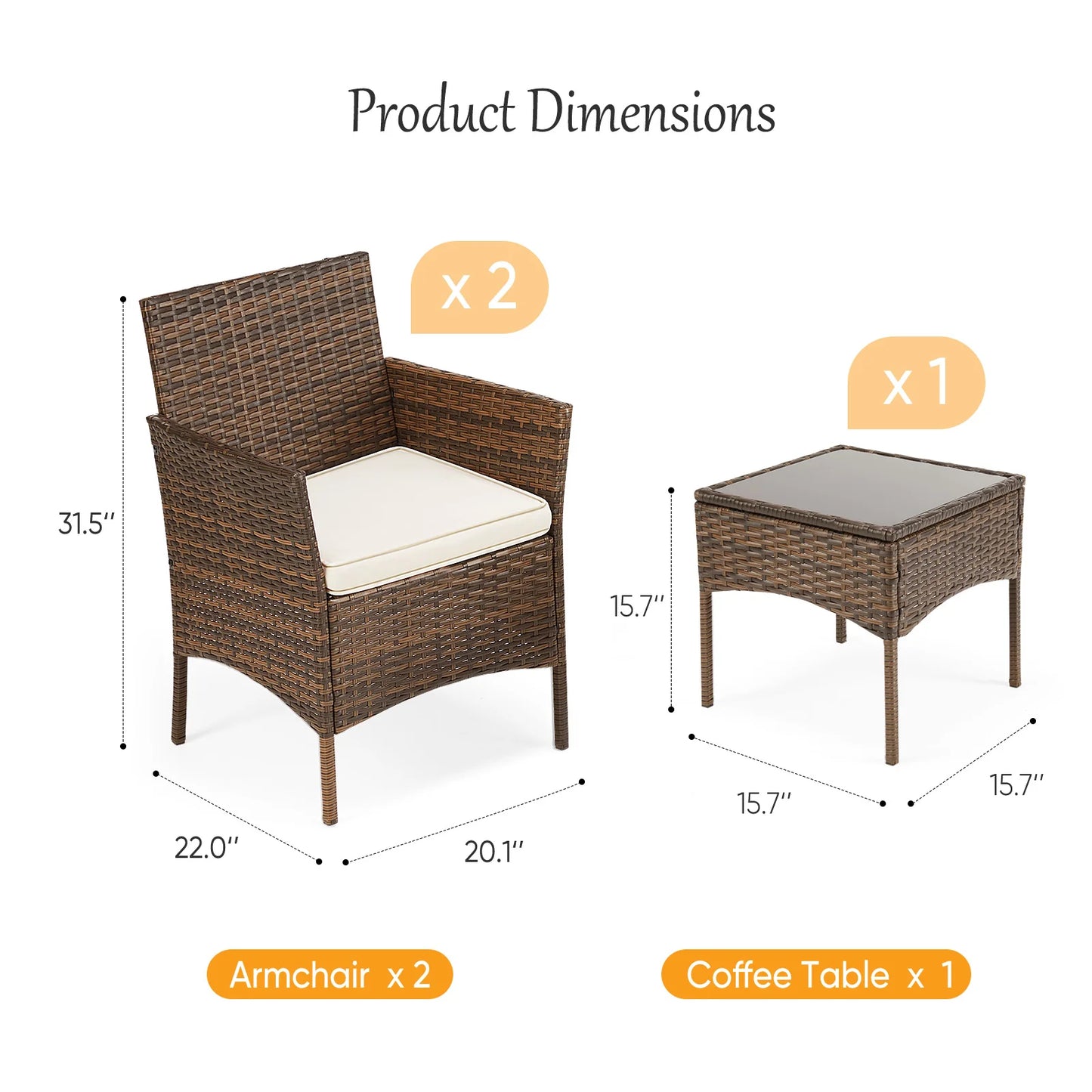 3 Piece Outdoor Patio Furniture Set, 2 Manual Weaving Wicker Rattan Patio Chairs with Soft Cushion and Glass Table