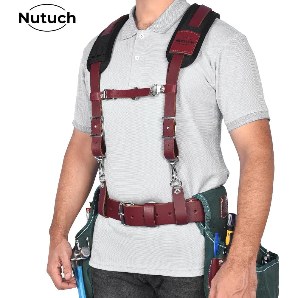 Heavy Duty Leather Work Suspender With Pockets | Fully-Adjustable Padded Leather Tool Belt Suspenders for Men