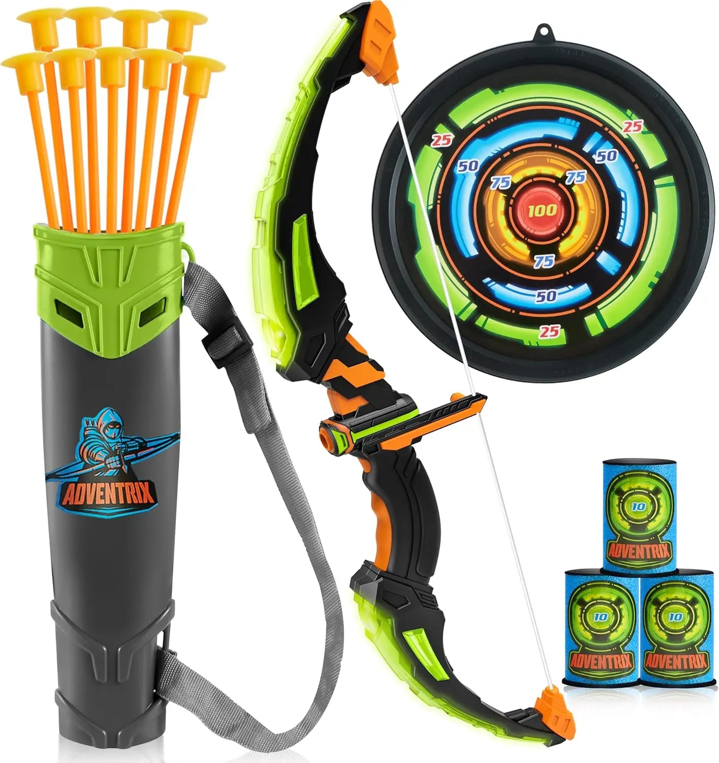 Kids Bow and Arrow Set, LED Light Up Archery Toy With 9 Suction Cup Arrows. Target for Kid Ages 6-12 Outdoor Play Gift