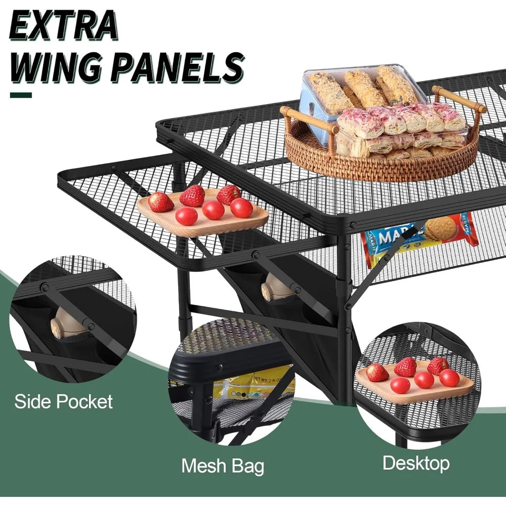 Folding Table with 2 Wing Panels, 3x2 FT Camping Table with Mesh Top ,Height Adjustable Folding Grill Table