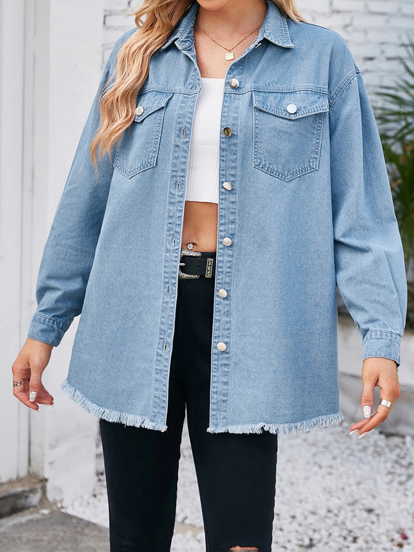 Women s Vintage Oversized Denim Jacket with Distressed Details and Button Closure