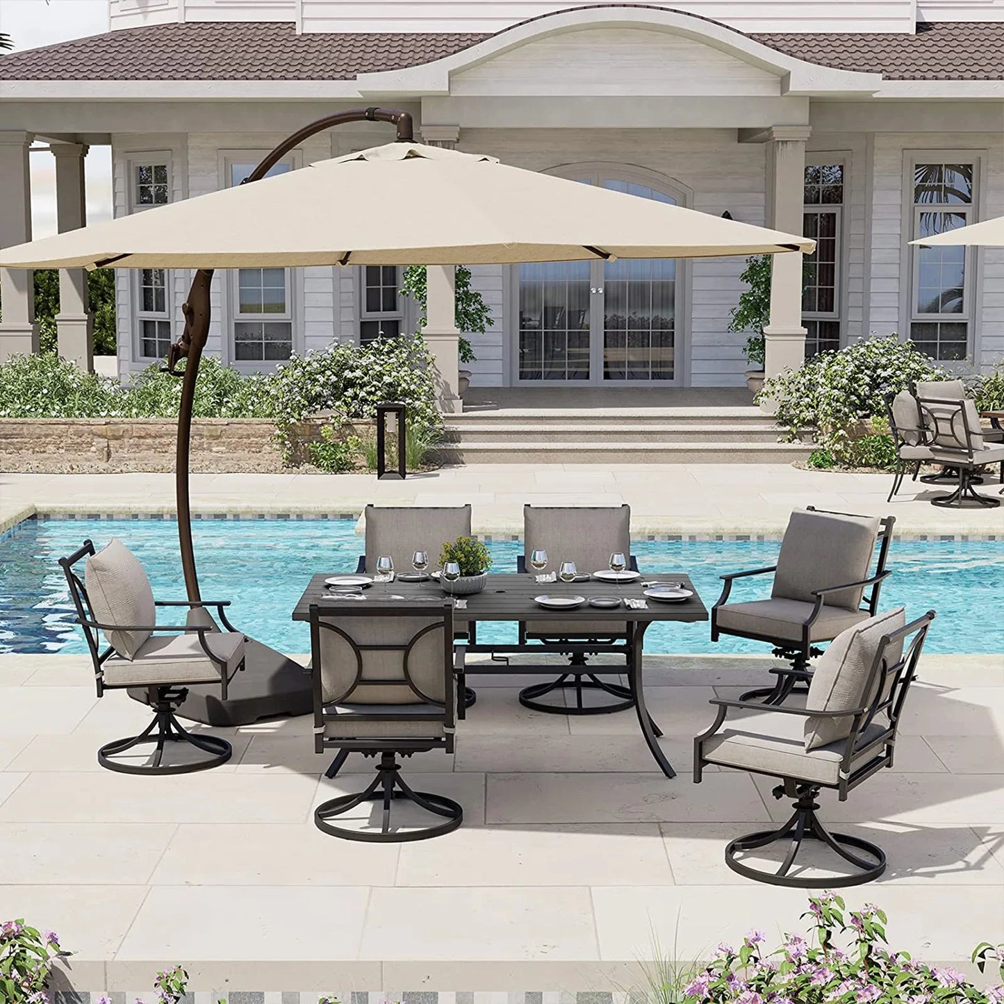 E-Coated 2 Swivel Chairs Outdoor Furniture with Olefin Cushions
