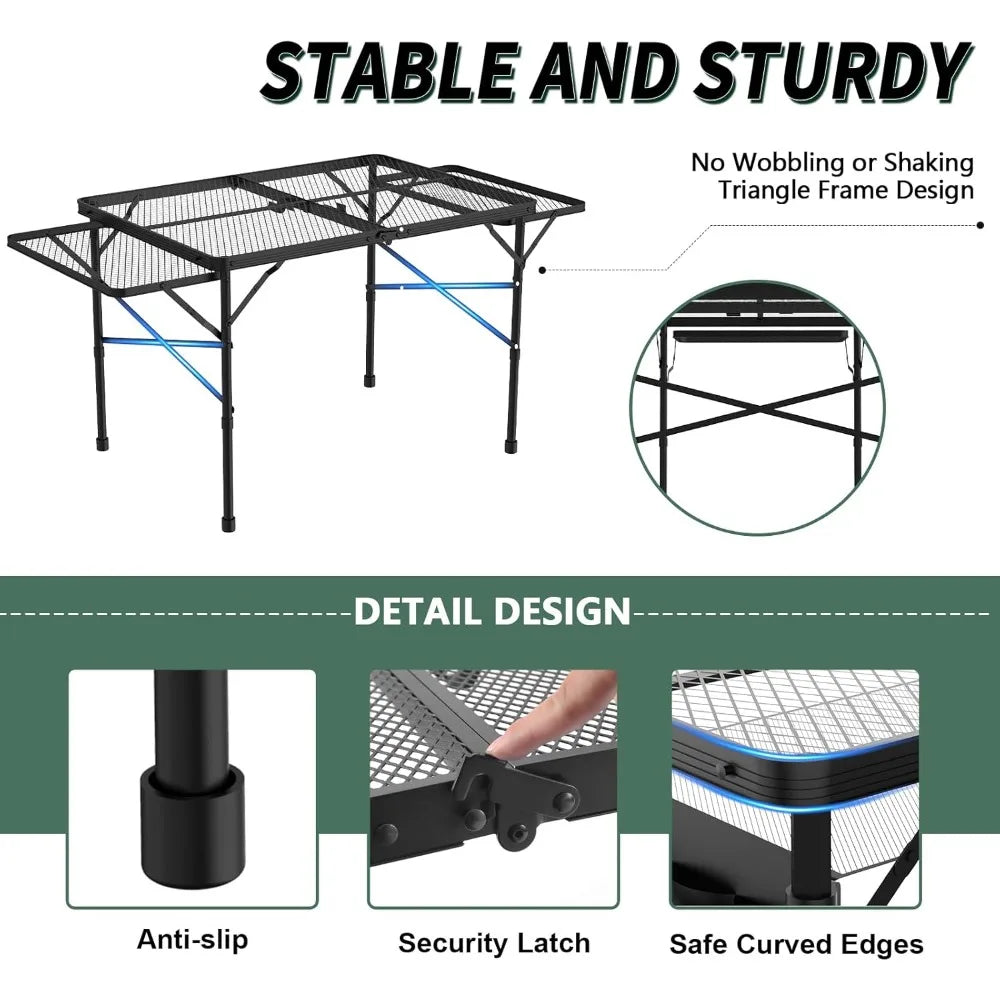 Folding Table with 2 Wing Panels, 3x2 FT Camping Table with Mesh Top ,Height Adjustable Folding Grill Table