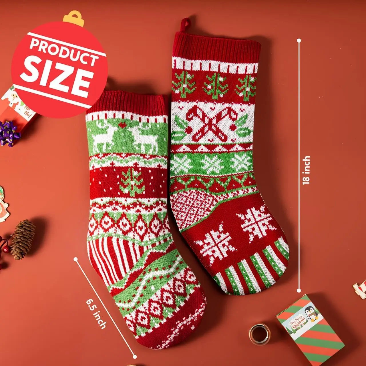3 Pack 18” Christmas Stockings Large Size, Rustic Cable Knit in Red & Green