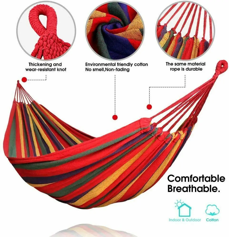 Camping Thickened Durable Fabric Canvas Hammock Swing with Tree Ropes, Anti Rollove,r Striped Hanging Hammock