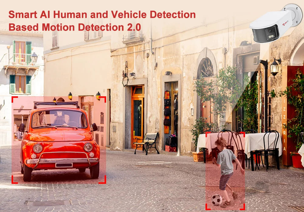 8MP Dual Lens POE Camera Outdoor Security 180° View Angel Real Time 2-Way Audio AI Human Vehicle Detection Metal Case
