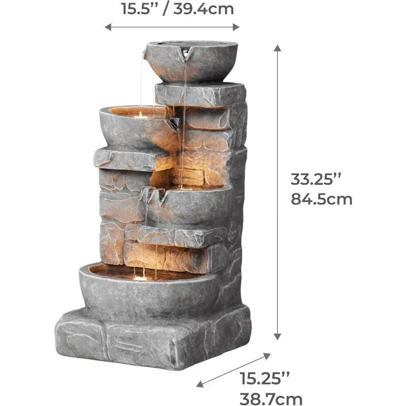 33 inch Cascading Bowls and Stacked Stones LED Outdoor Water Fountain