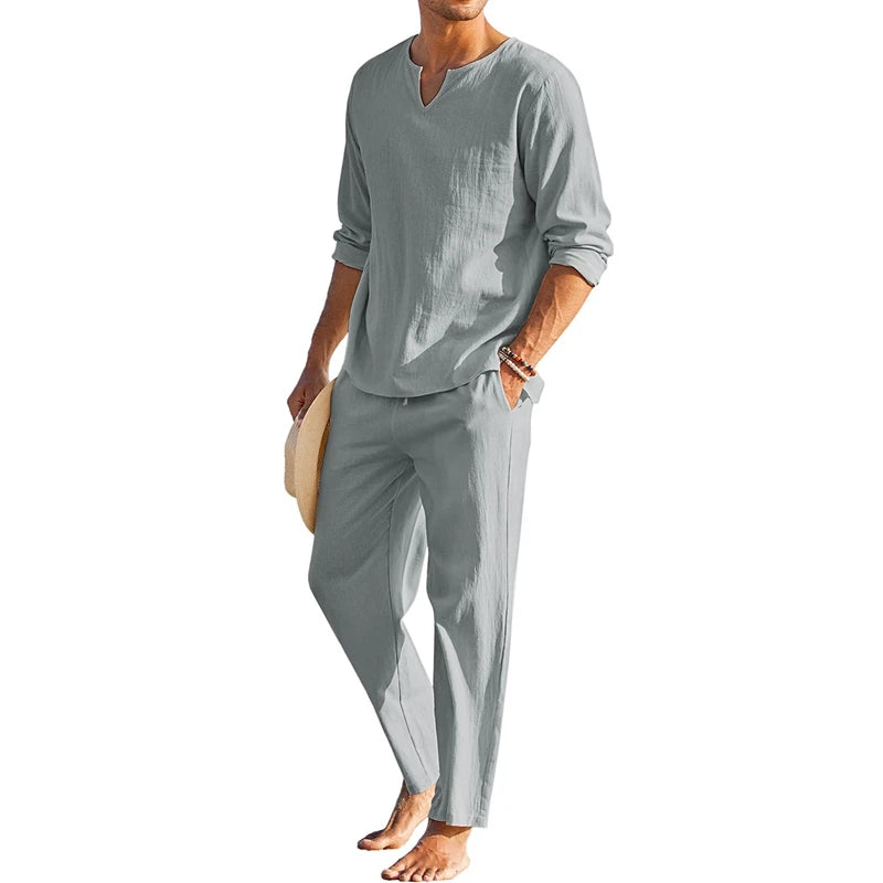Men s Summer Cotton Linen Solid Color Long Sleeve Henley Shirt Elastic Waist Drawstring Pants 2 Pieces
