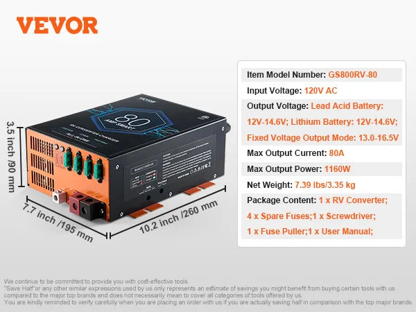 RV Converter 45/55/80Amp 110V AC to 12VDC Battery Charger 4Stage Smart Charging 13V to 16.5V Adjustable Operating Range