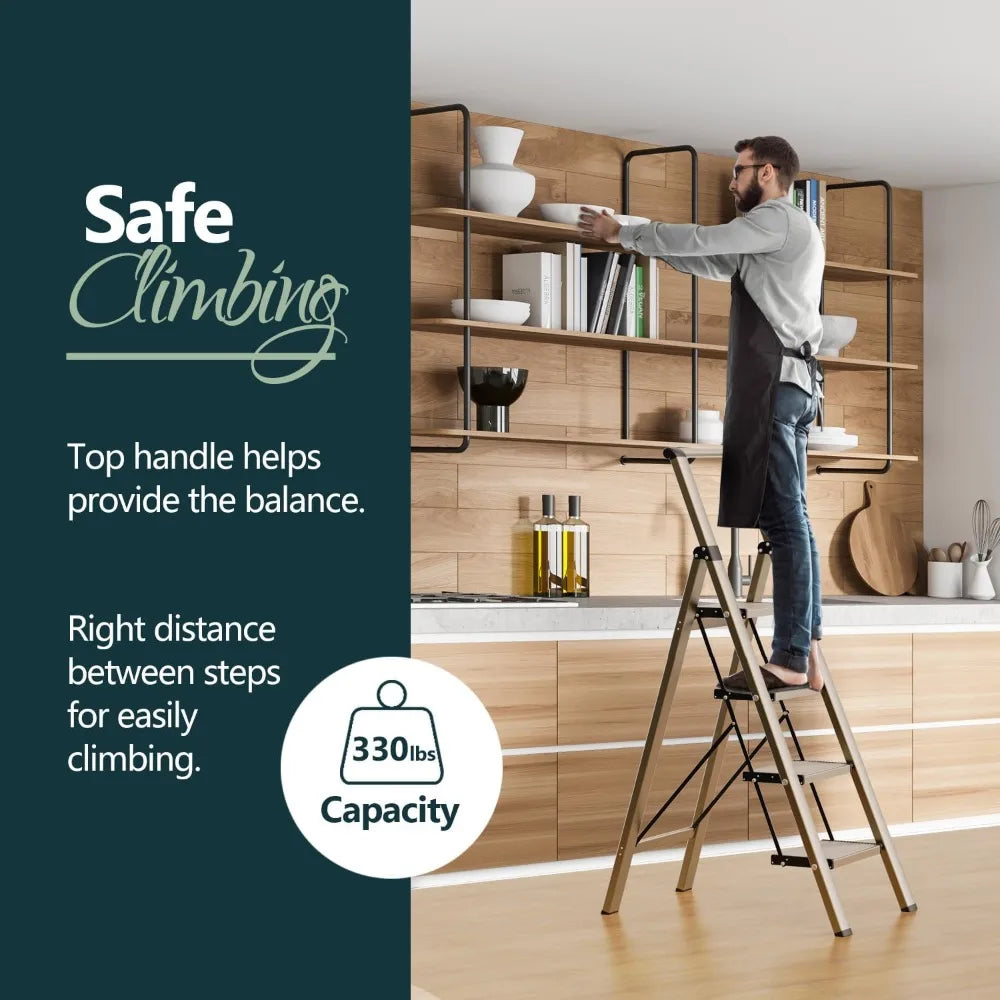 Gold 4 Step Ladder for 10 Feet High Ceiling, Lightweight Foldable Ladder with Non-Slip Wide Pedals, Safe Handrail