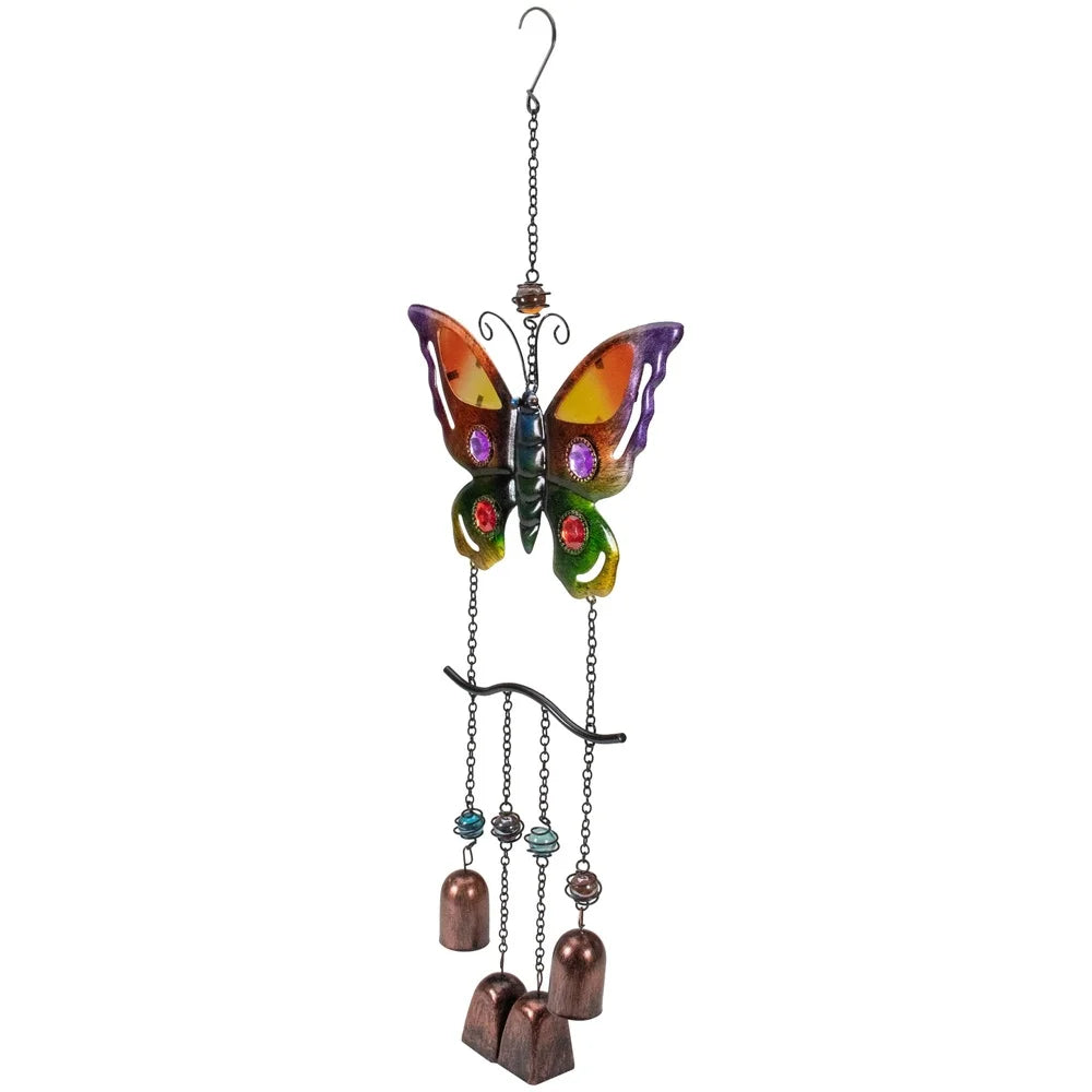24 Inch Butterfly Wind Chime Outdoor Decor with Faux Jewels 4 Bell Chimes Easy Hang Metal Chain Garden