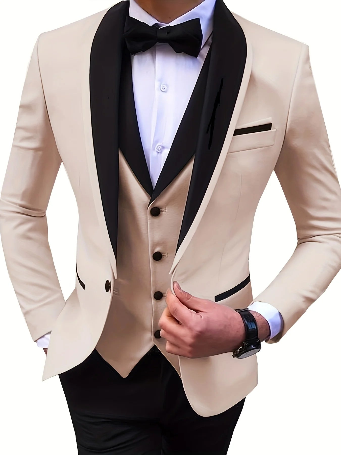 Slit Men's Suits 3 Piece Black Shawl Lapel Casual Tuxedo (Blazer+Vest+Pant)