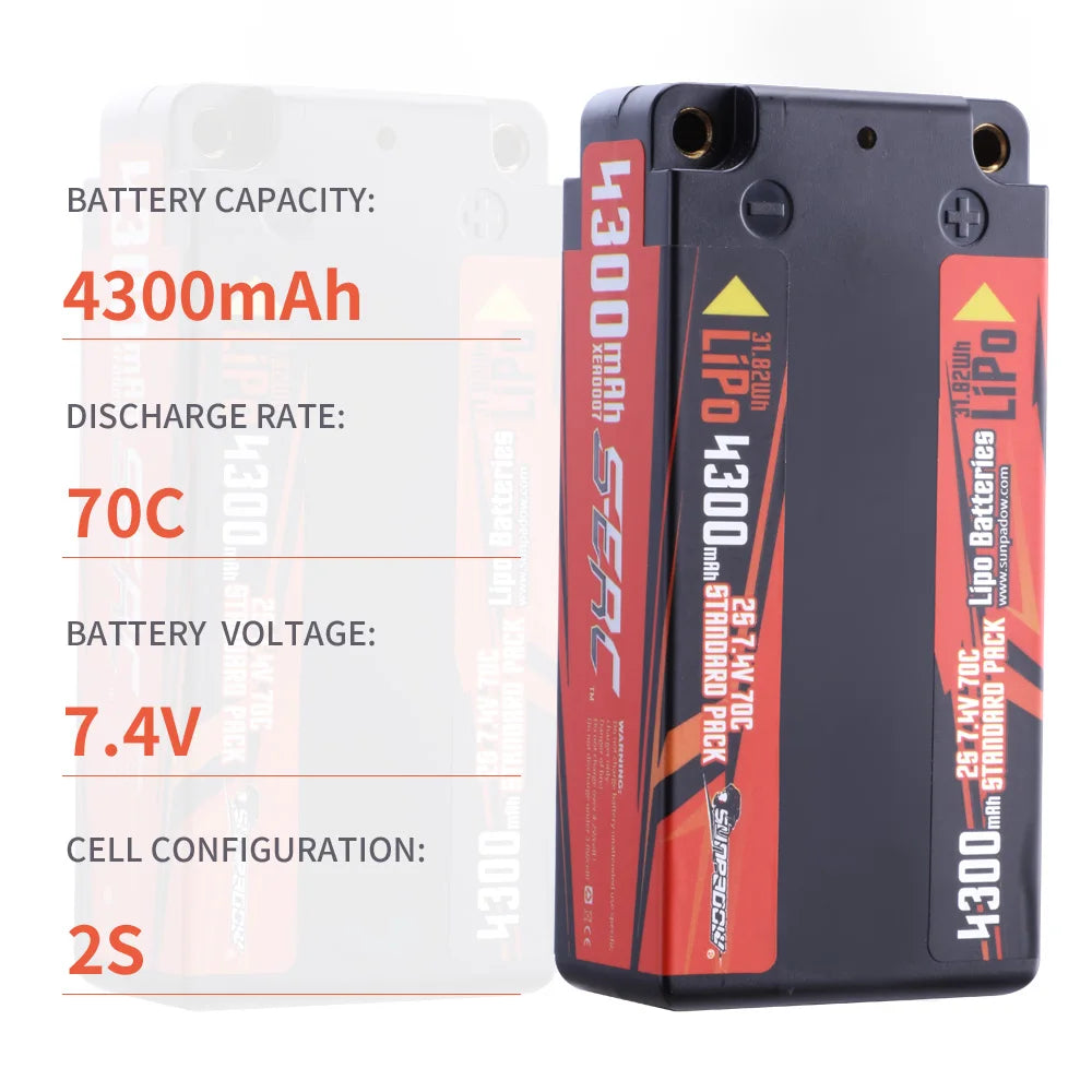 2S 7.4V Shorty Lipo Battery 4300mAh 70C Hard Case for RC