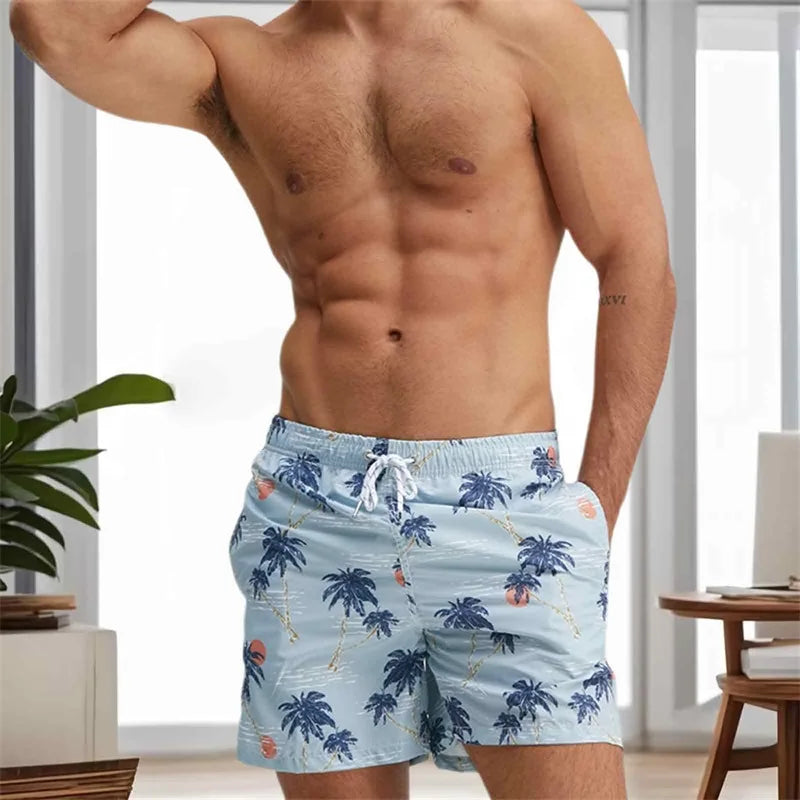 Men s Swim Trunks Quick Dry Beach Shorts with Drawstring Elastic Waistband Tropical Palm Leaf Print Swimwear for Summer