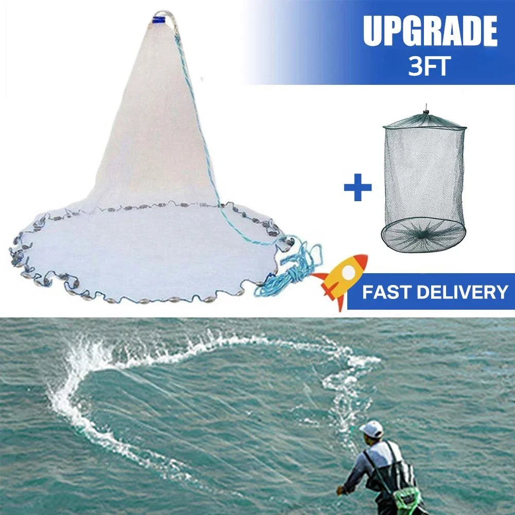 American Saltwater Fishing Cast Net for Bait Trap Fish 3/4/5/6/7/8/9/10ft Radius Casting Nets with Heavy Duty Zinc Sinker Weight