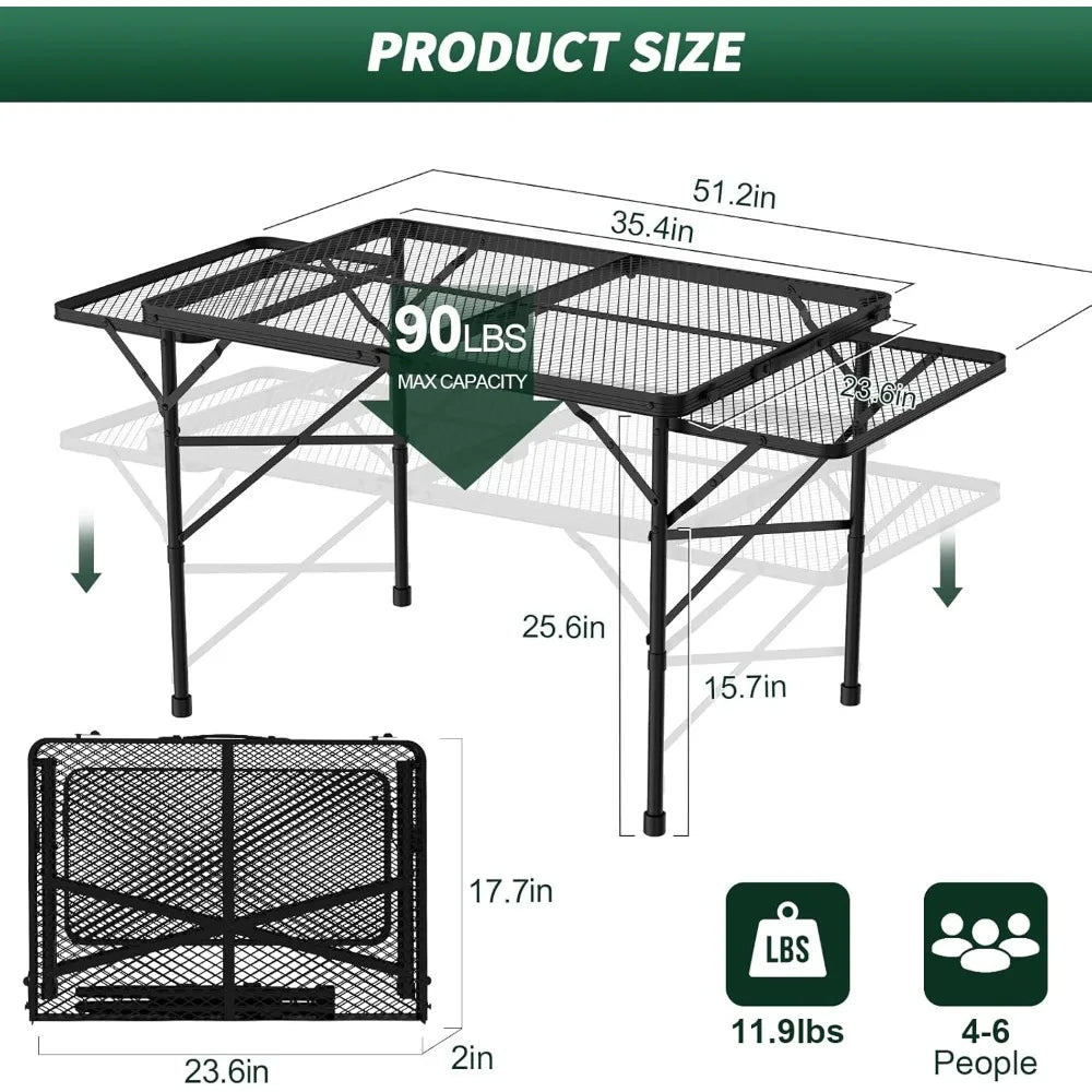 Folding Table with 2 Wing Panels, 3x2 FT Camping Table with Mesh Top ,Height Adjustable Folding Grill Table