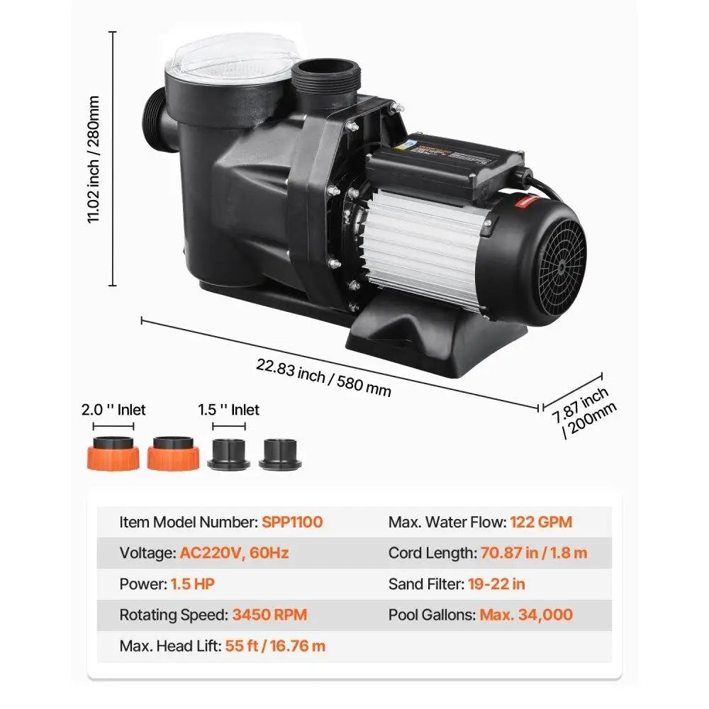 1.5 Swimming Pool Pump Ground Single 122 GPM 3450 RPM 220V